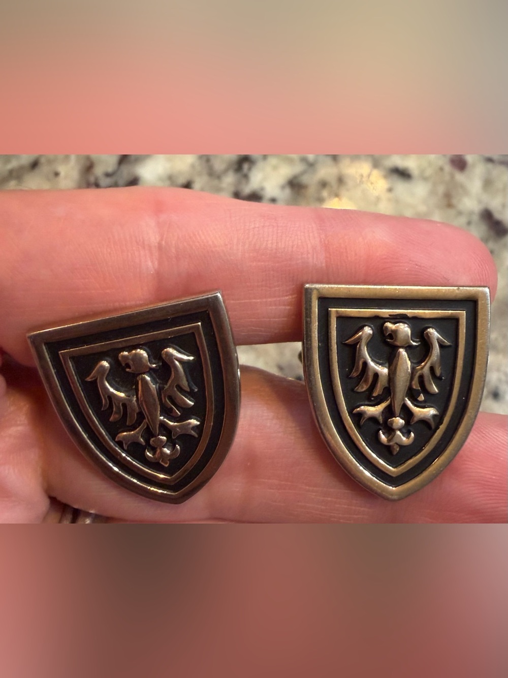 Vintage Swank Silver Tone Shield Shaped Cuff Links with Heraldic Eagle Emblem